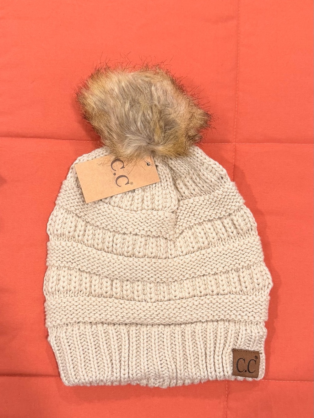 C.C Cream Knit Pom Beanie with Faux-Fur Pom